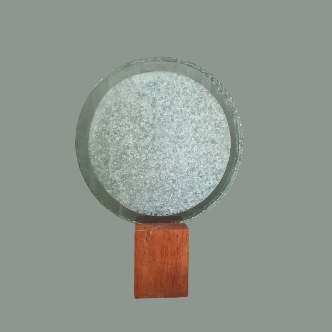 Glass Art Piece – Textured Circle Design with Wooden Stand