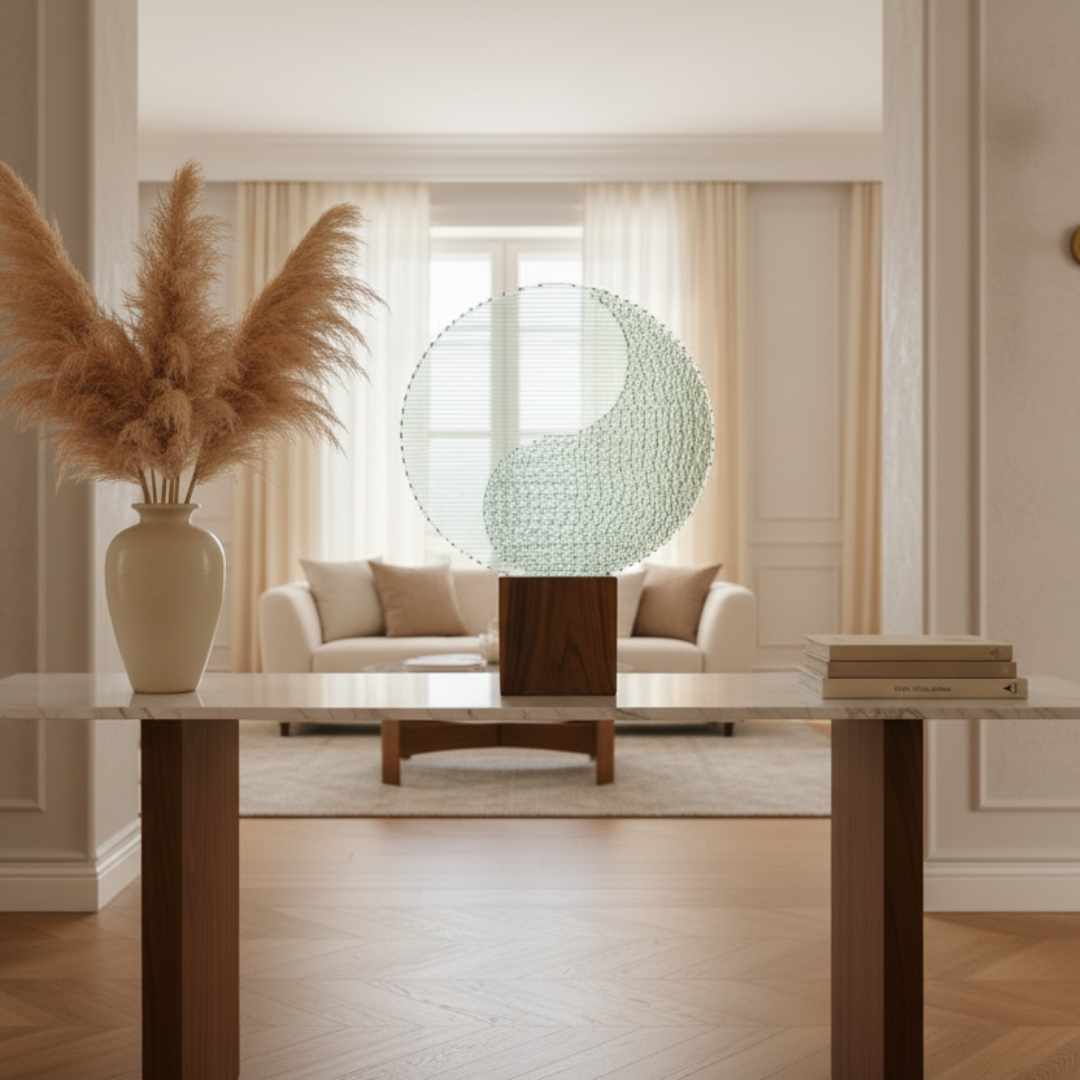 Glass sculpture on teak base displayed in a modern home interior with natural light and neutral tones