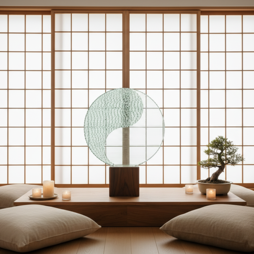 Circular ribbed glass disc sculpture styled on a dark walnut desk with bonsai and warm pendant lighting
