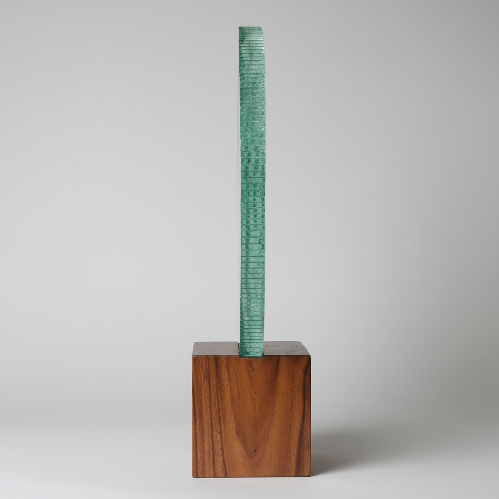Glass Yin Yang sculpture side profile showing layered ribbed glass panels on wooden base 