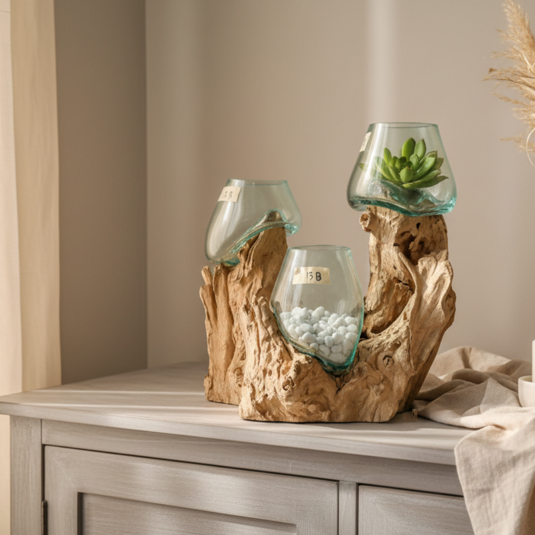Glass on Driftwood Three Bowls styled on coastal sideboard with succulent, pebbles and dried grasses