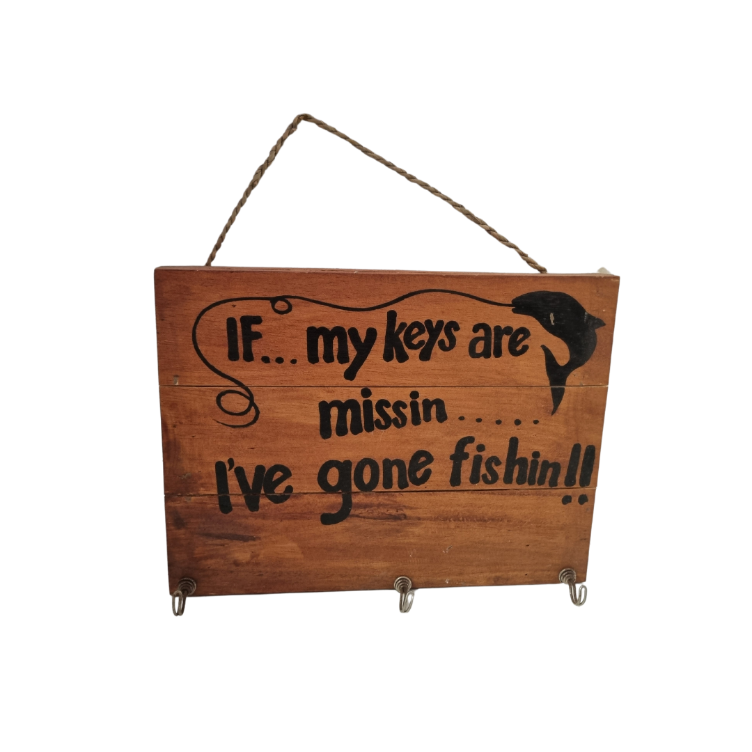 Gone Fishing wooden wall plaque with three metal key hooks and rope hanger — rustic coastal wall art