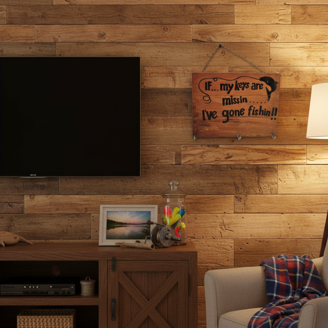 Rustic wooden wall sign hung in a warm timber-panelled living room alongside fishing-themed decor and a cosy armchair