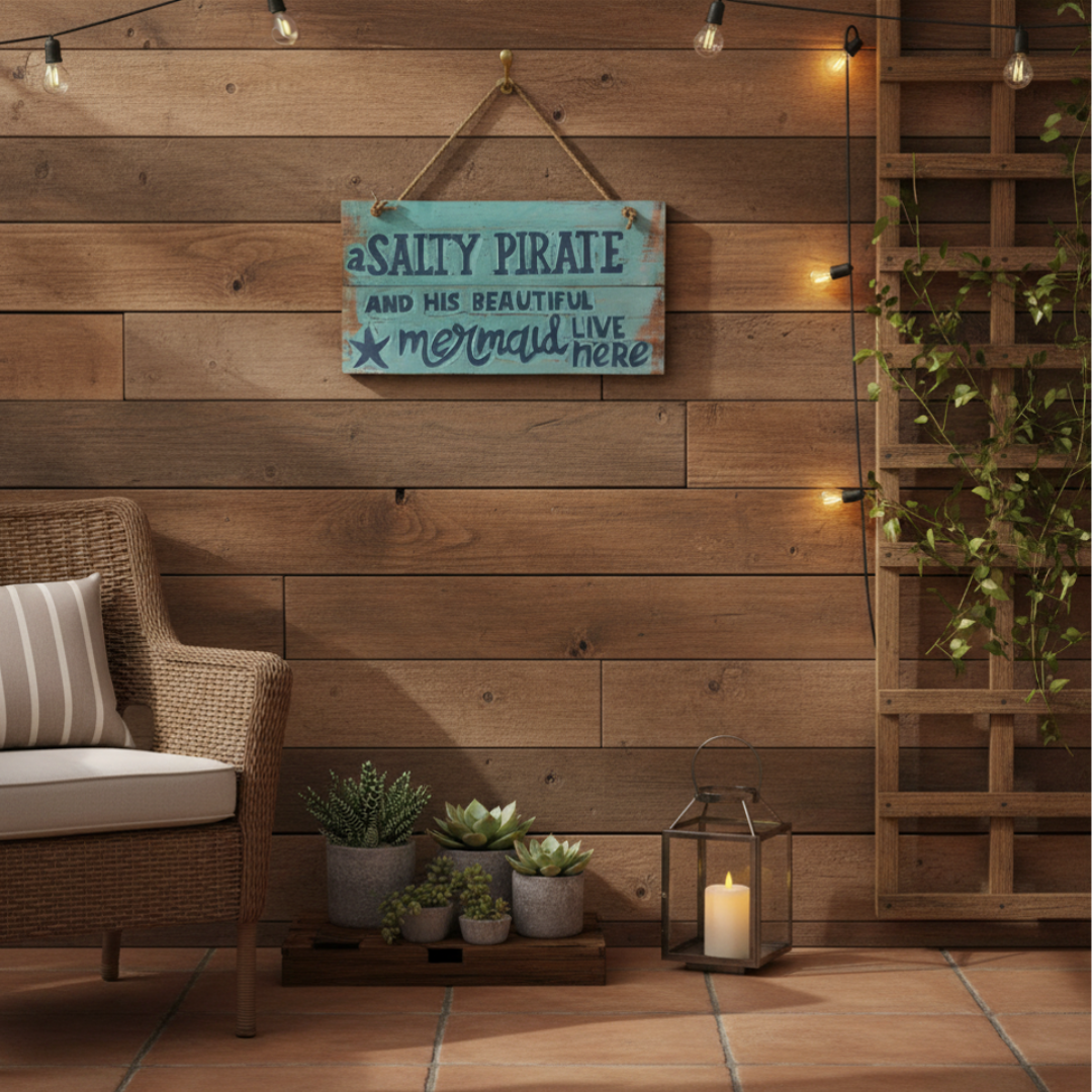 A Salty Pirate and his beautiful mermaid aqua wall sign styled on a timber outdoor entertaining area with fairy lights and succulents