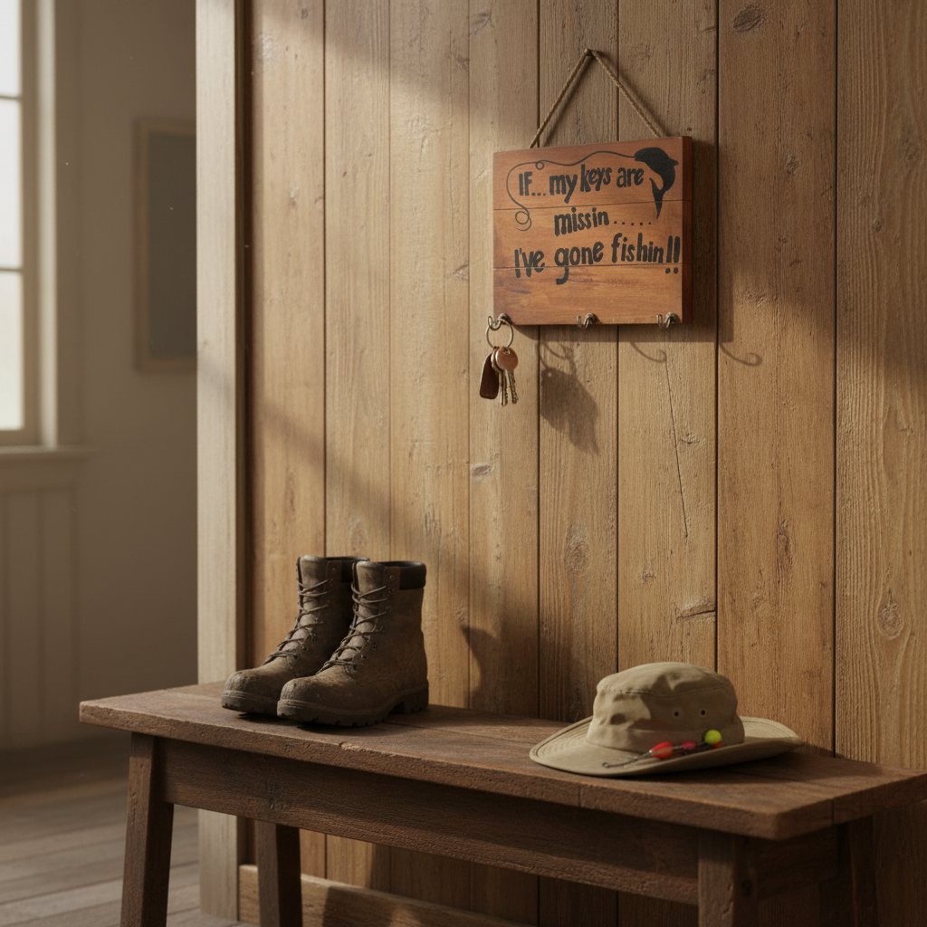 Gone Fishing wooden key holder plaque hung in a rustic hallway entryway on a timber plank wall with keys on the hooks, worn boots and a fishing hat below