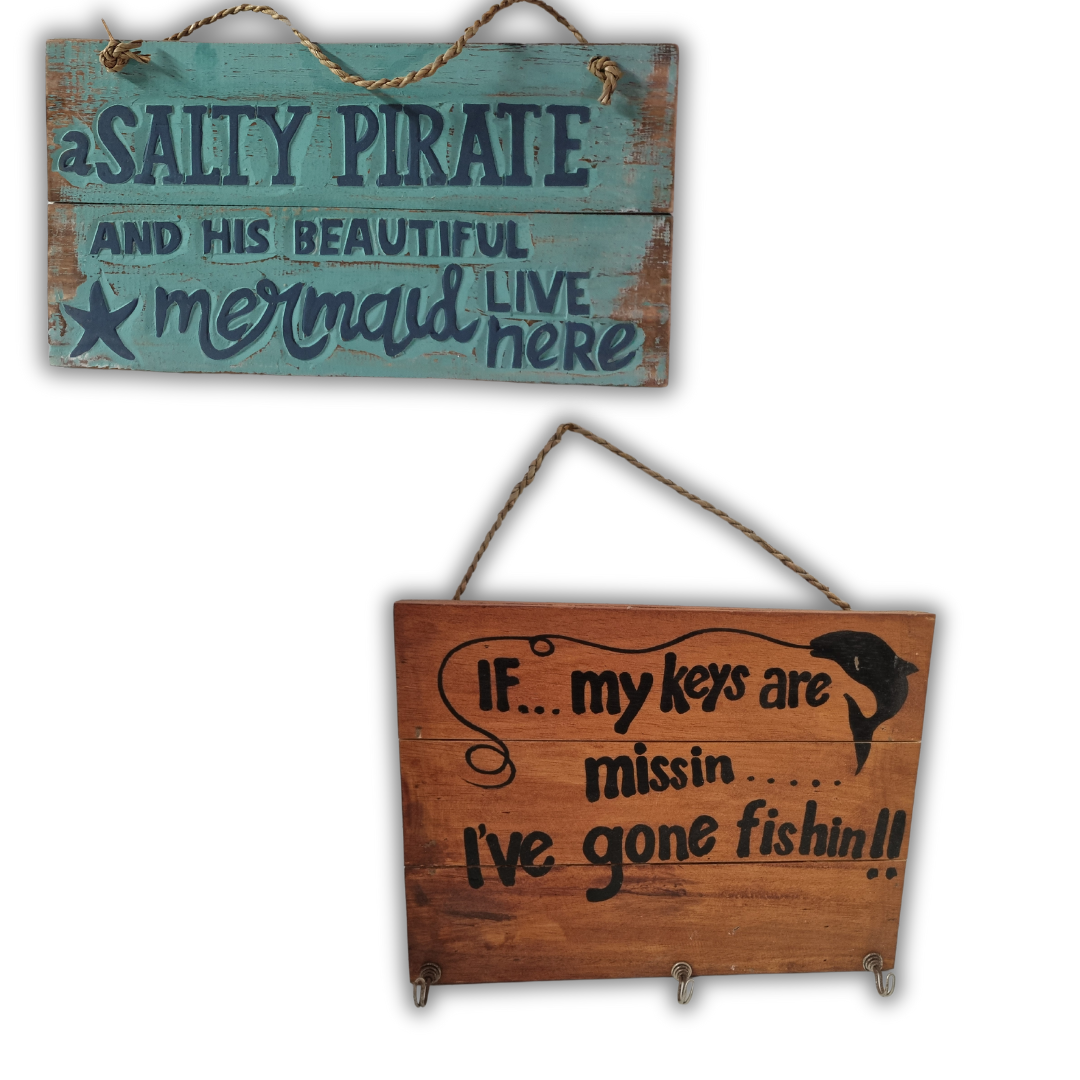 Gone Fishing and A Salty Pirate wooden wall plaques — nautical coastal wall art handcrafted with rope hangers