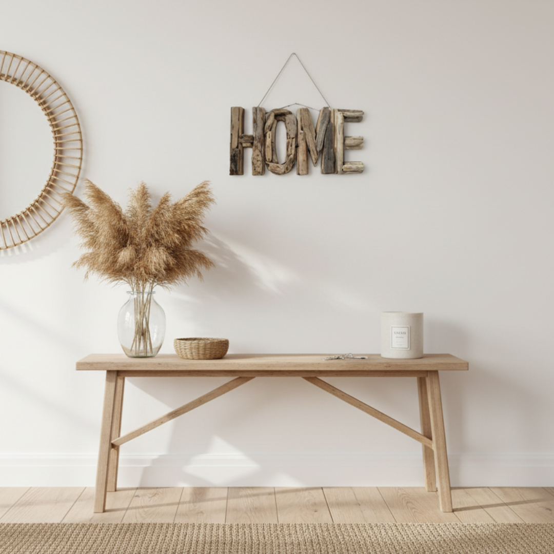HOME driftwood wall sign styled in a coastal entryway above a console table with pampas grass and coastal decor — handcrafted natural driftwood letters, 40x20cm — rustic boho home decor by Azure Decor