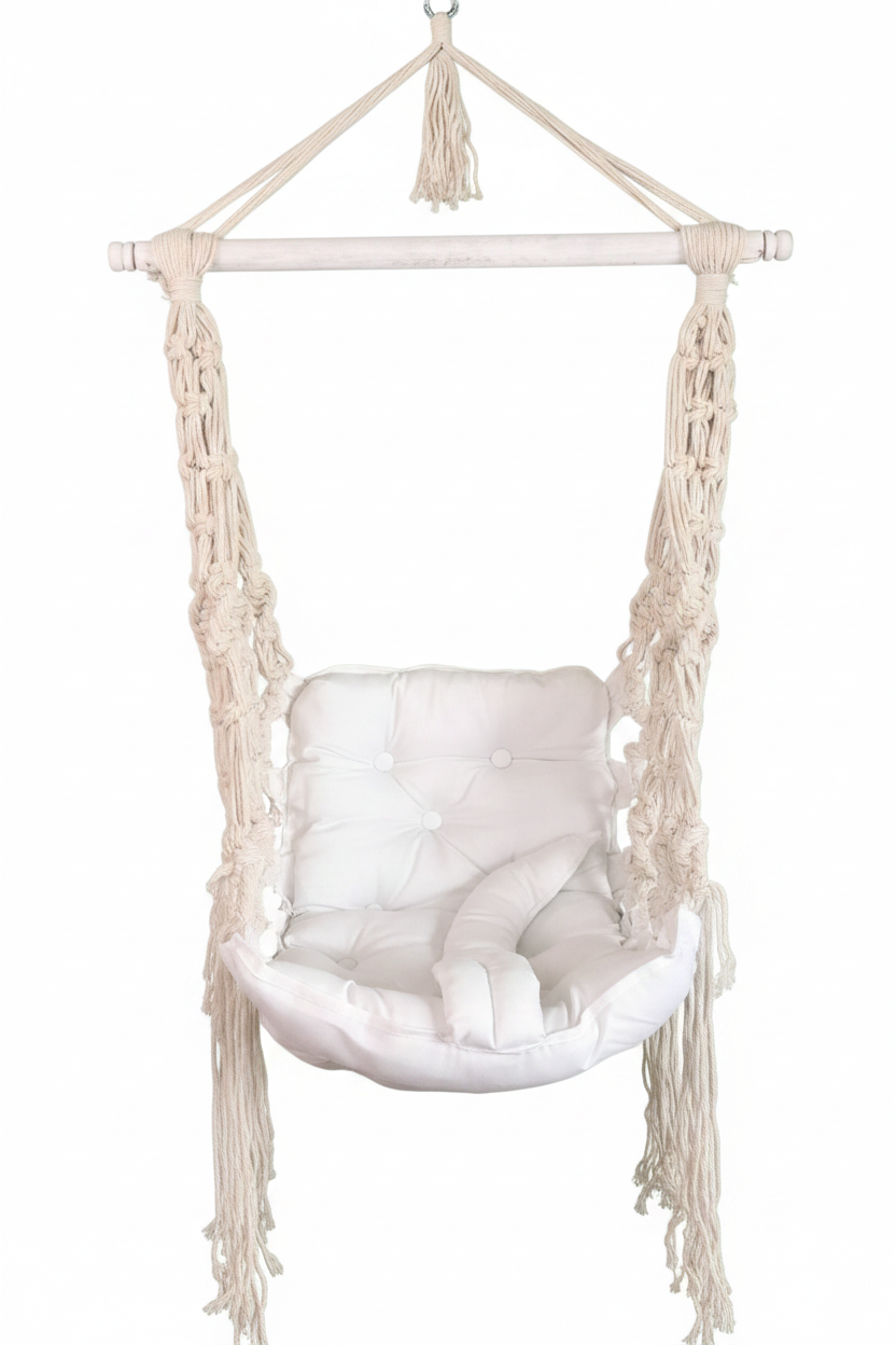 Cream macrame swing chair with wooden dowel