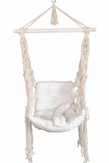 Cream macrame swing chair with wooden dowel