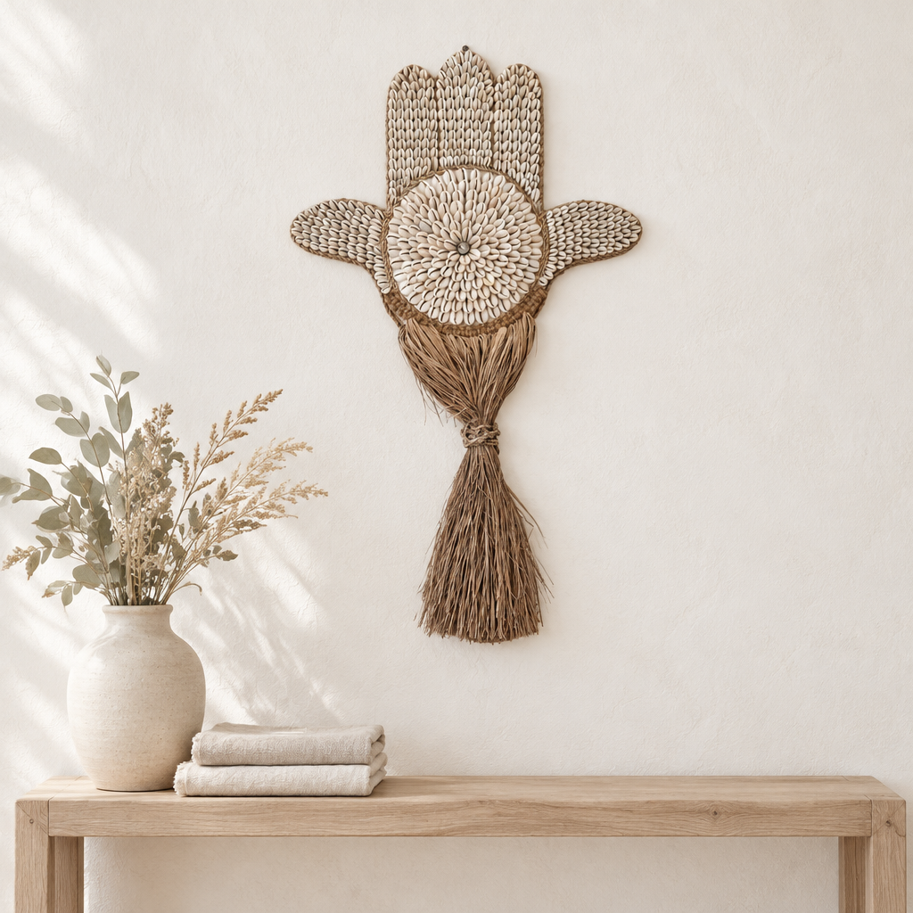 Hamsa Hand Wall Art hanging on a warm white wall above a pale timber console with a ceramic vase