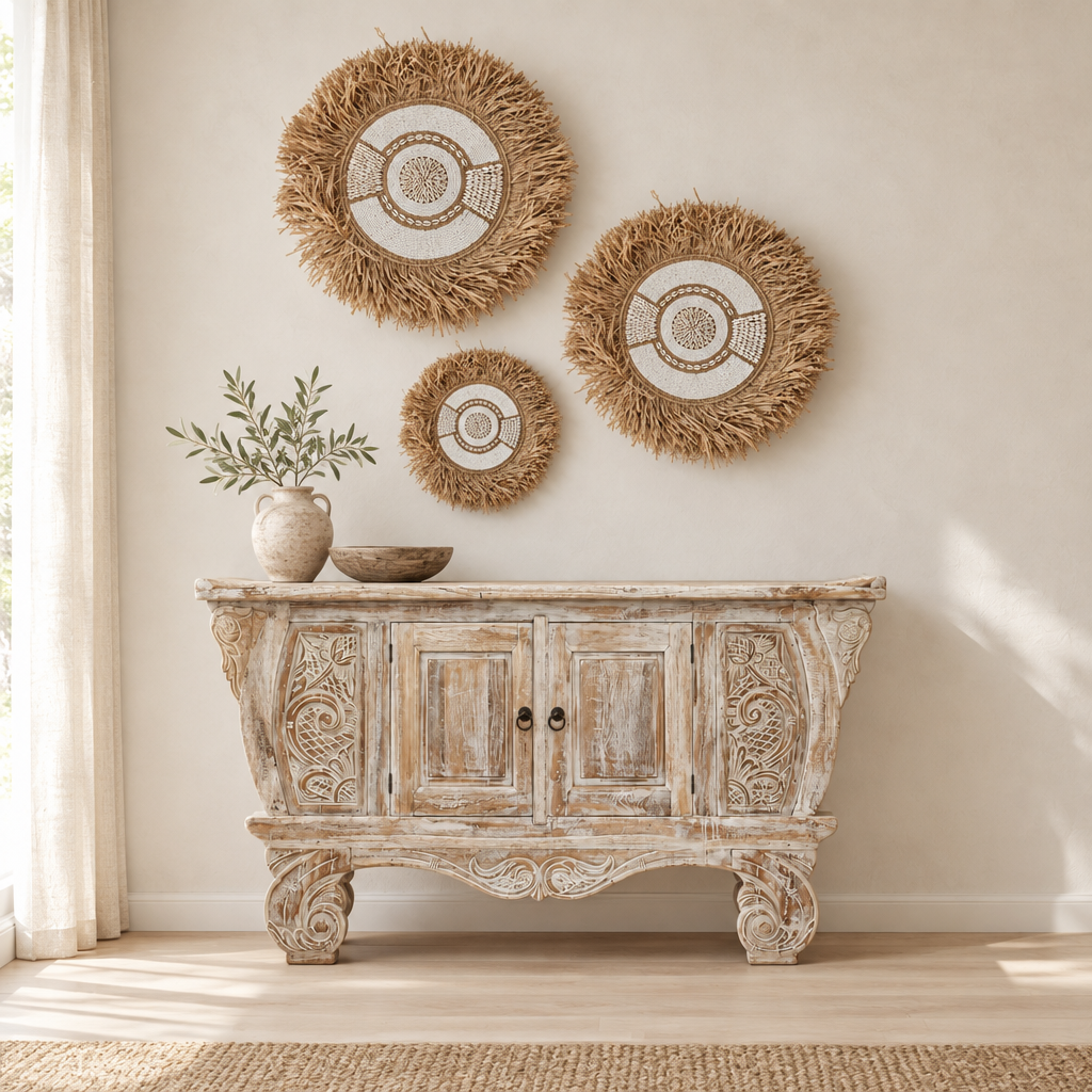 natural shields above a whitewash balinese style cabinet  in a room 