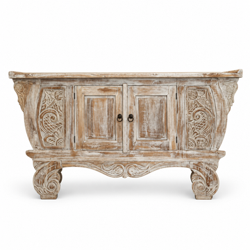 Hand-carved Balinese teak entryway cabinet with a distressed whitewash finish, two doors and carved scroll feet