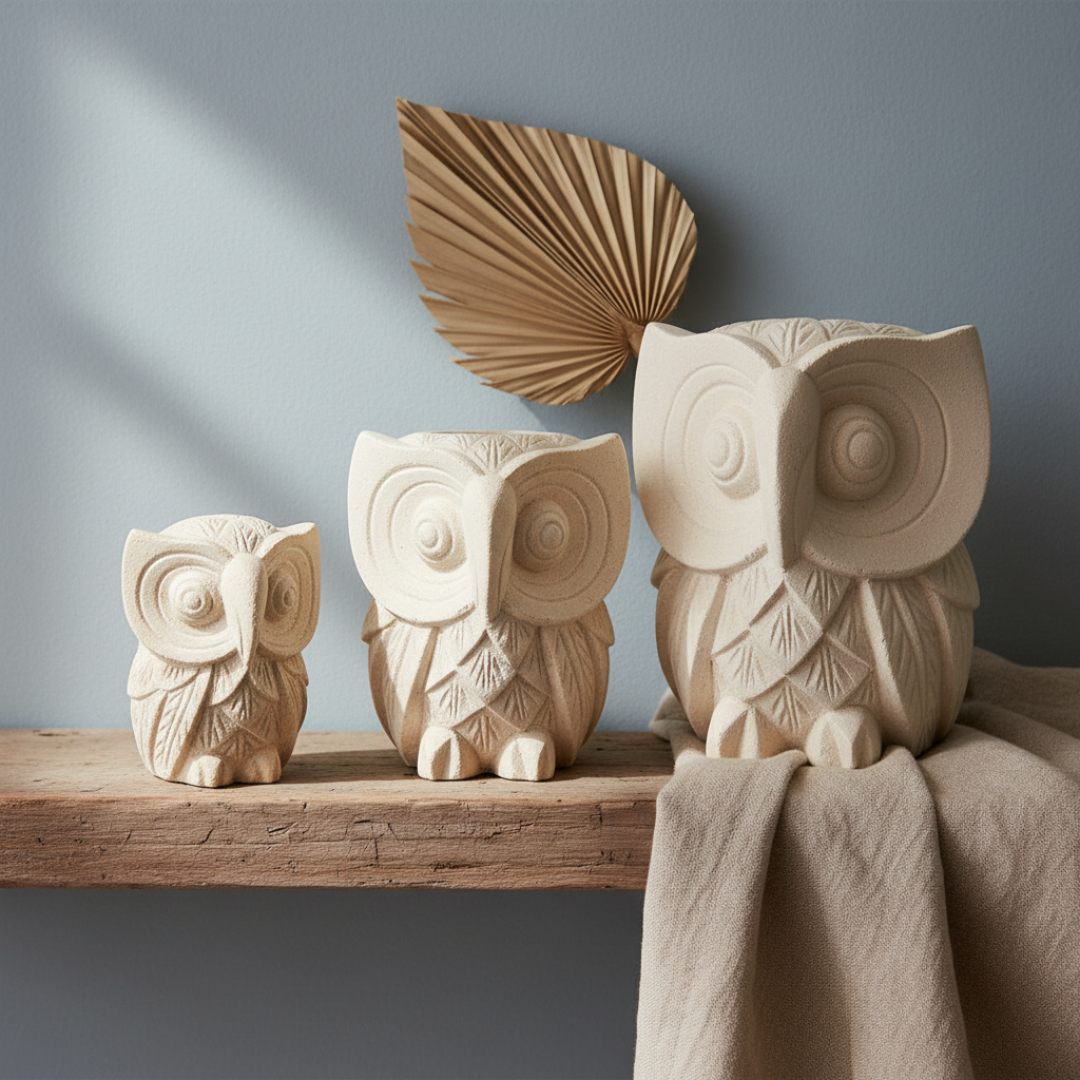 Hand-carved limestone owl statues in three sizes styled on a weathered timber shelf with a dried palm leaf and linen cloth against a coastal blue-grey wall