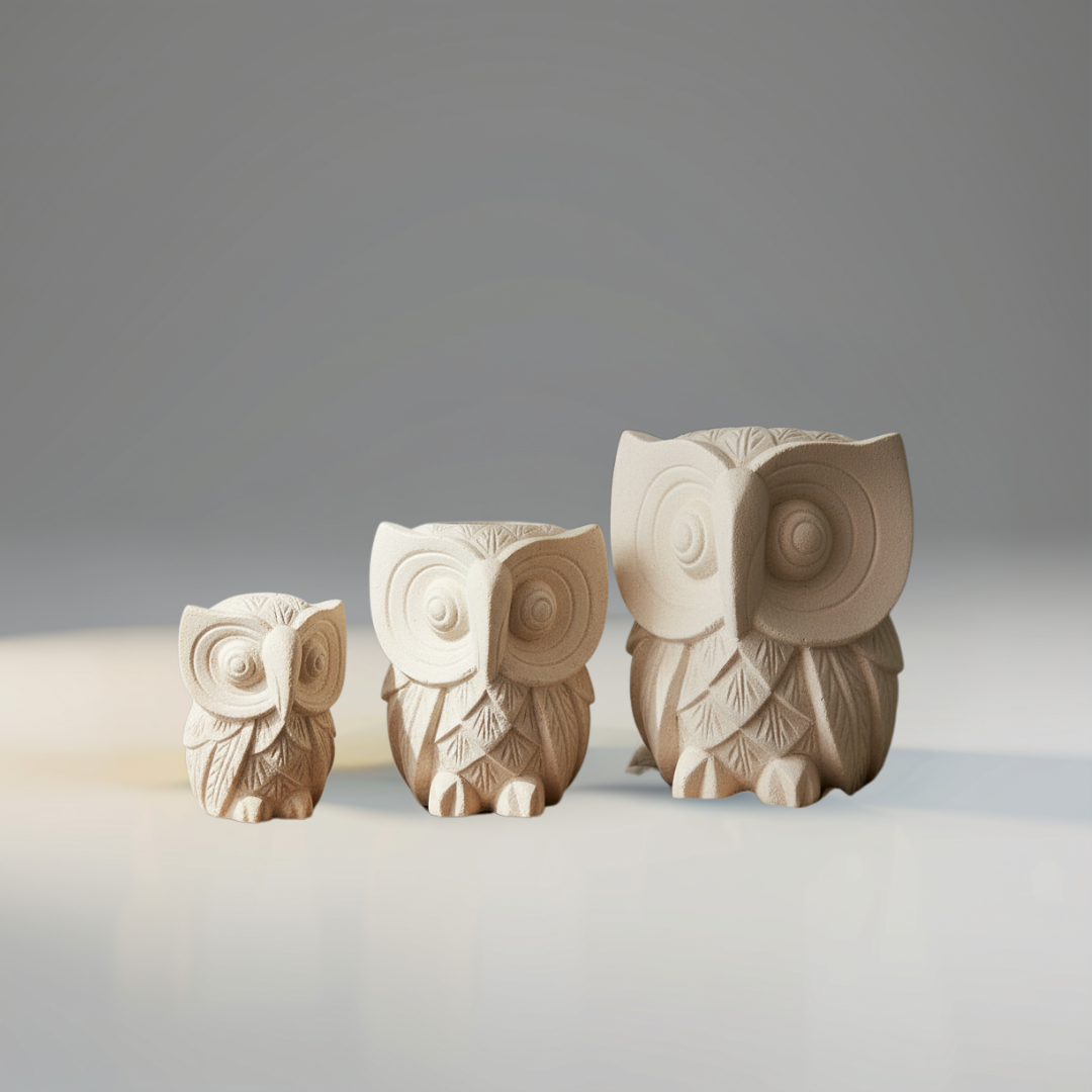 Three cream stone owl carvings in small, medium, and large sizes grouped together on a light grey surface showing the size graduation of the set