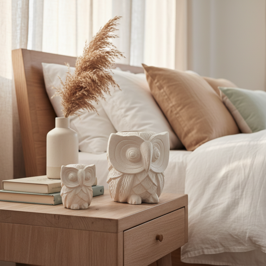 Limestone owl sculptures on a timber bedside table beside a linen bed with pampas grass in a ceramic vase and warm morning light through sheer curtains