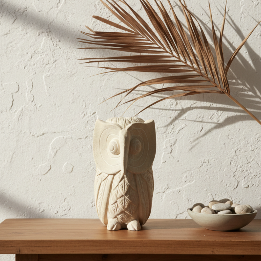  figurine in a light natural wood finish stands on a wooden table against a textured white wall, with a dried palm leaf overhead and a small bowl of stones nearby.