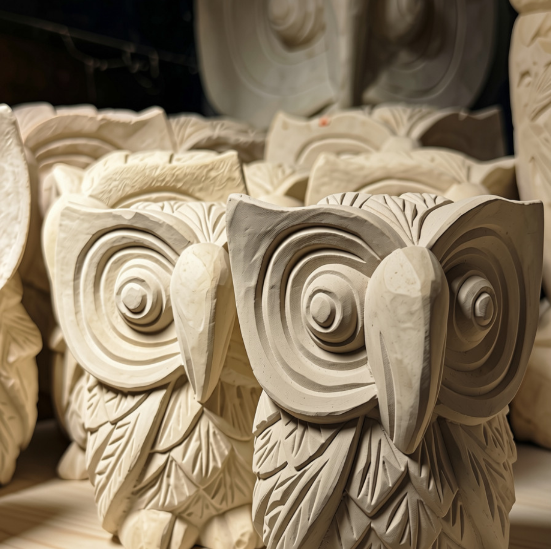 Multiple cream stone owl carvings lined up in an artisan workshop showing the hand-carving process and natural limestone texture up close