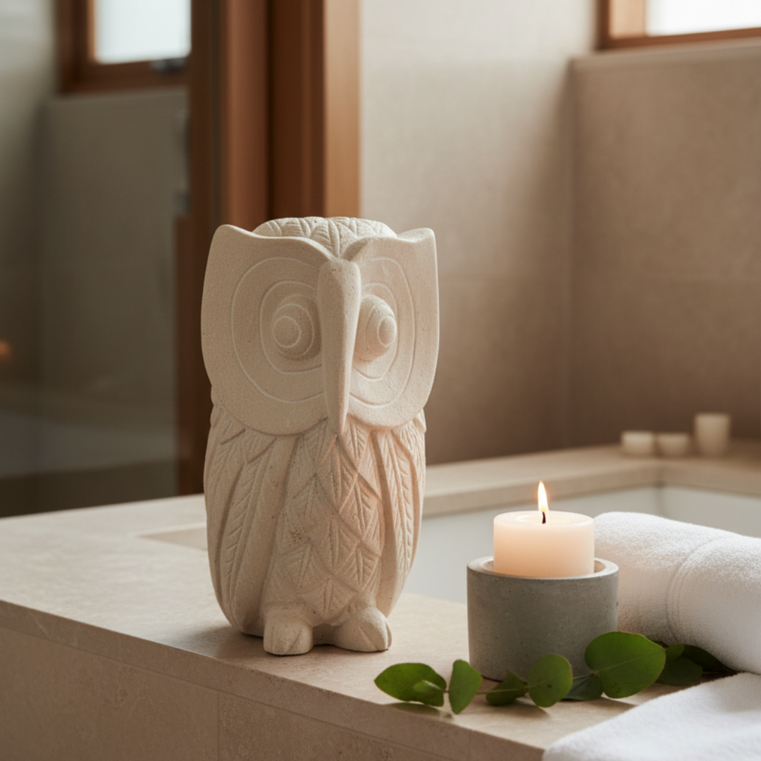 An off-white carved candle holder or vase stands on a stone ledge beside a lit white candle in a gray holder, with a rolled towel and green leaves nearby in a softly lit bathroom setting.