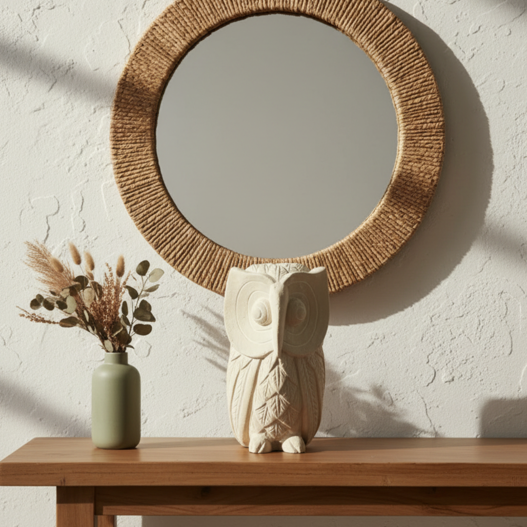 A round wall mirror with a thick woven natural fiber frame hangs on a textured white wall above a wooden console table. A cream-colored carved owl figurine and a small sage green vase with dried grasses sit on the table in warm sunlight.