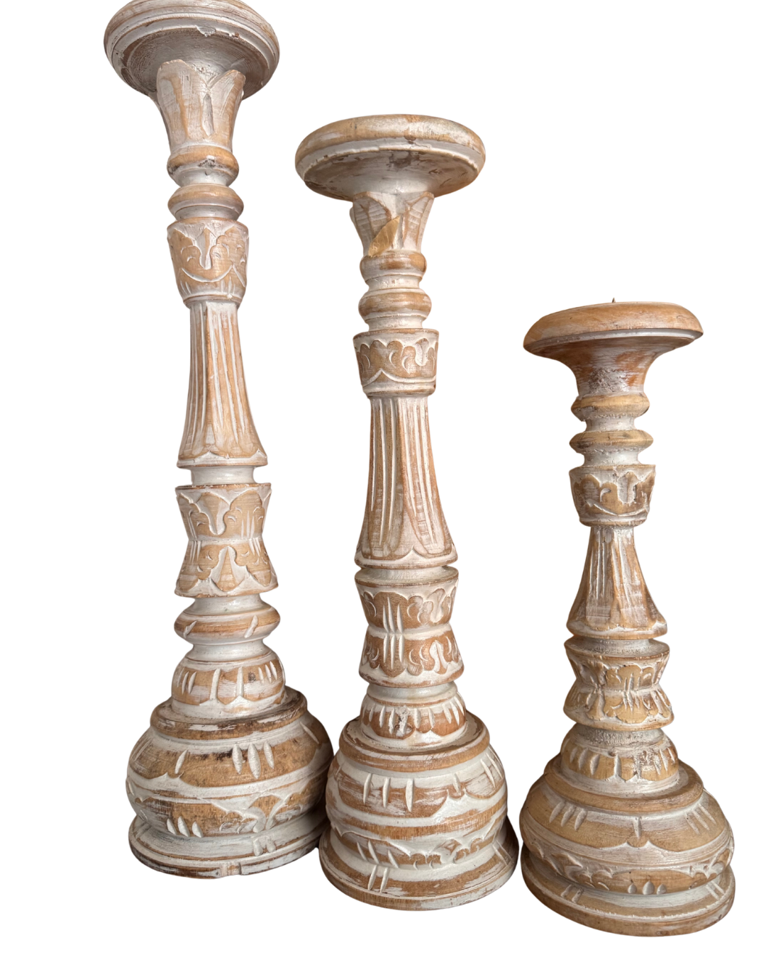 atural wash hand-carved wooden candle holder set of 3 on white background – 50cm 40cm 30cm – rustic home décor Australia
