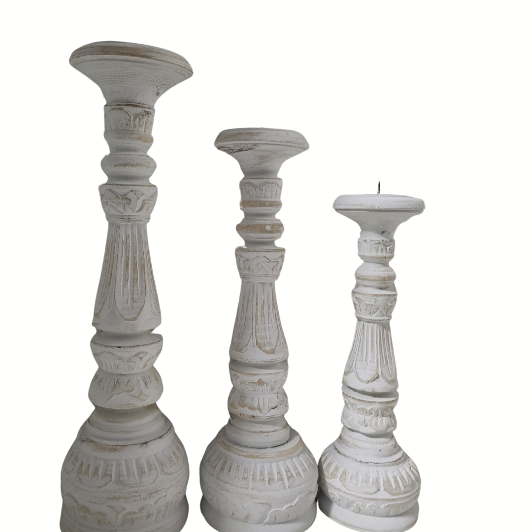 White wash set of 3 on white background, product-only shot. "White wash hand-carved wooden candle holder set of 3 on white background – rustic coastal home décor Australia"