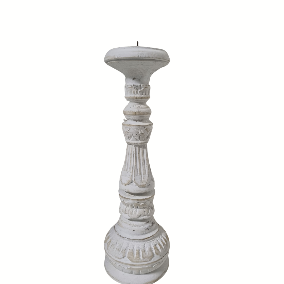 Close-up of white wash hand-carved wooden candle holder – rustic texture detail