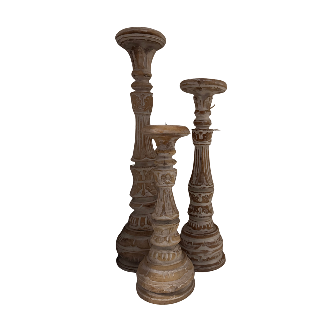 Natural tone hand-carved wooden candle holder set of 3 – 50cm, 40cm and 30cm – intricate carved detail on white background"