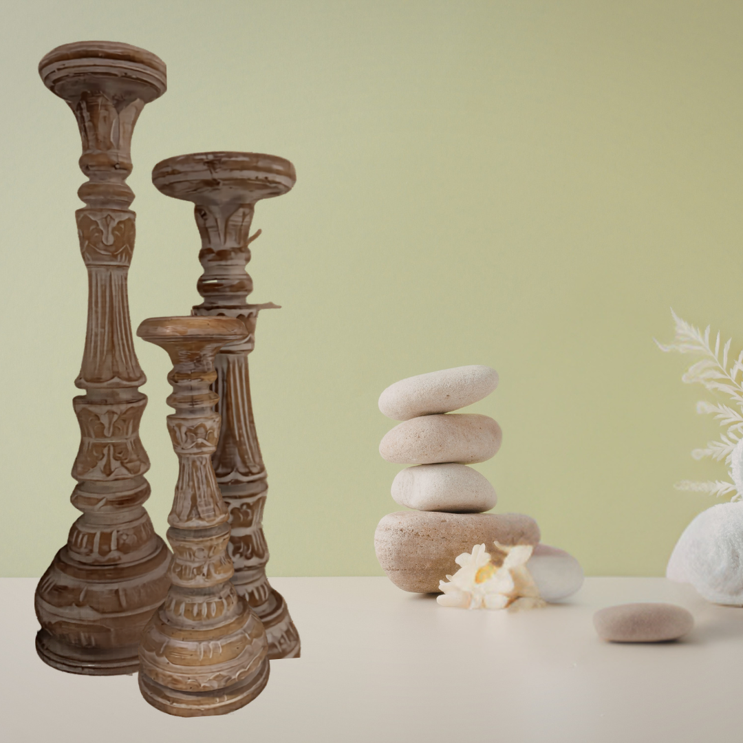Hand-carved natural wash wooden candle holder set of 3 – 50cm 40cm 30cm – styled with stacked stones and botanicals – rustic boho home décor Australia