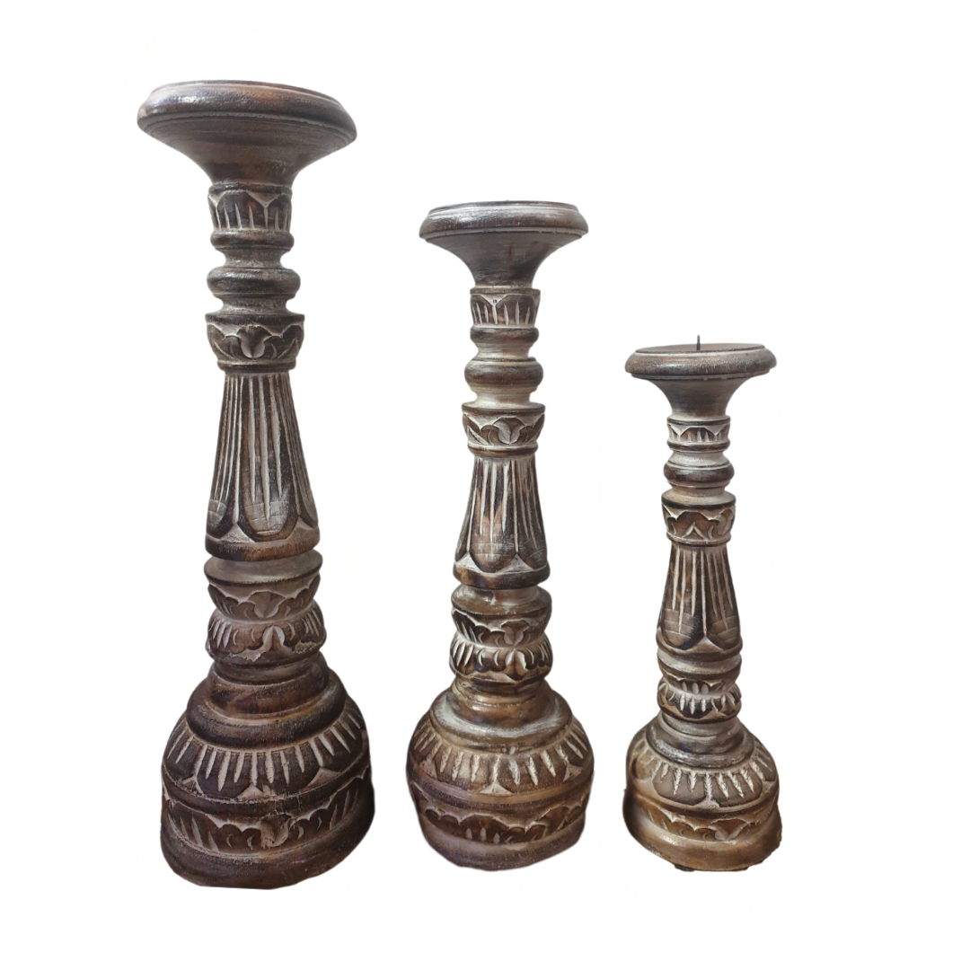 Brown wash set of 3 on white background, product-only shot. "Brown wash hand-carved wooden candle holder set of 3 on white background – rustic boho home décor Australia