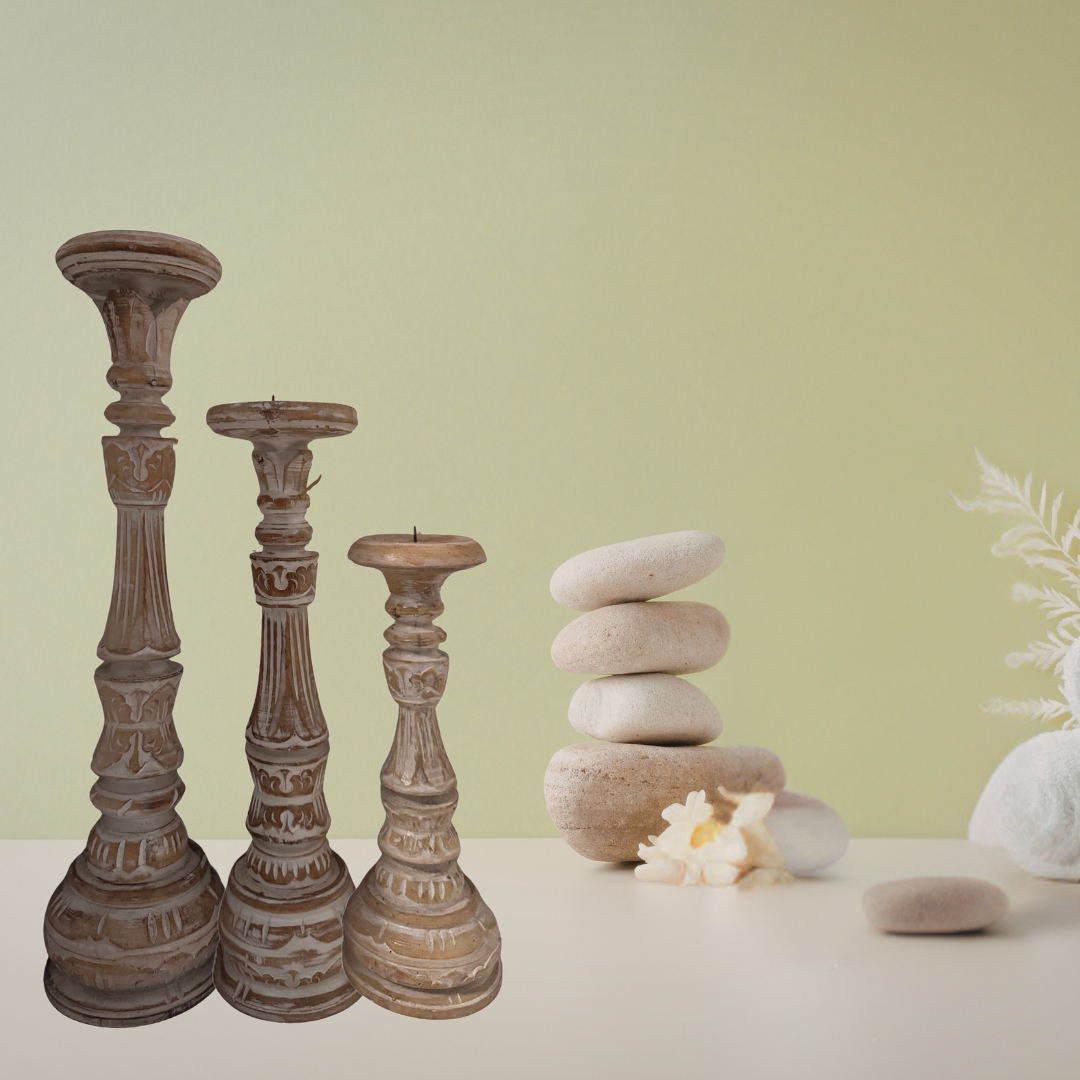 Hand-carved natural wash wooden candle holder set of 3 styled with stacked stones and botanicals – rustic boho home décor Australia