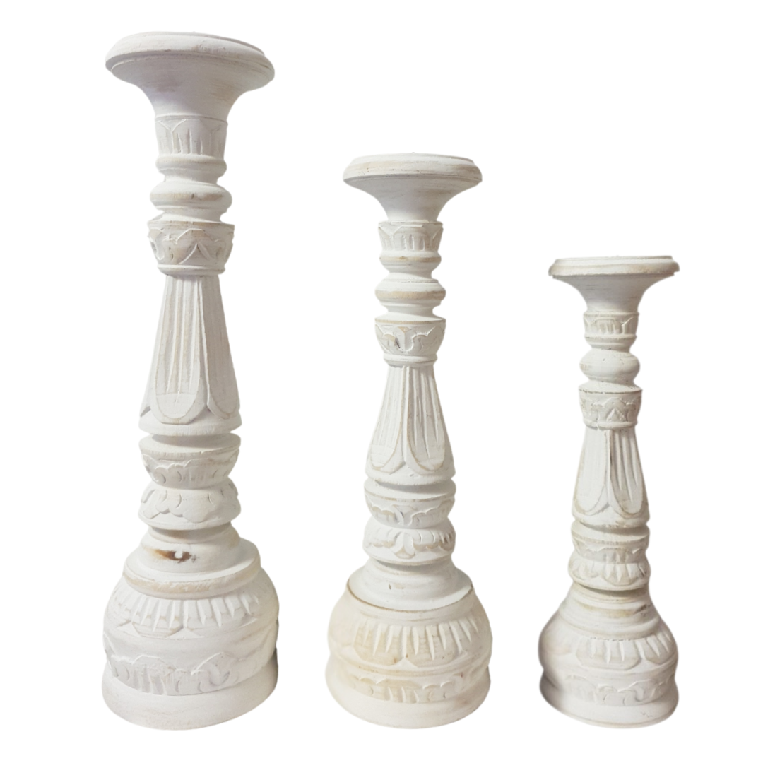 White wash hand-carved wooden candle holder set of 3 – 40cm, 35cm and 30cm – white background home decor Australia