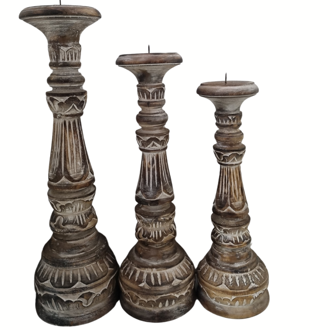 Brown wash hand-carved wooden candle holder set of 3 on white background – 40cm, 35cm and 30cm