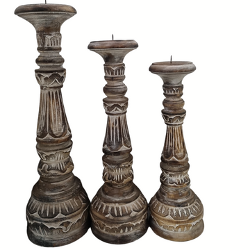 Brown wash hand-carved wooden candle holder set of 3 on white background – 40cm, 35cm and 30cm
