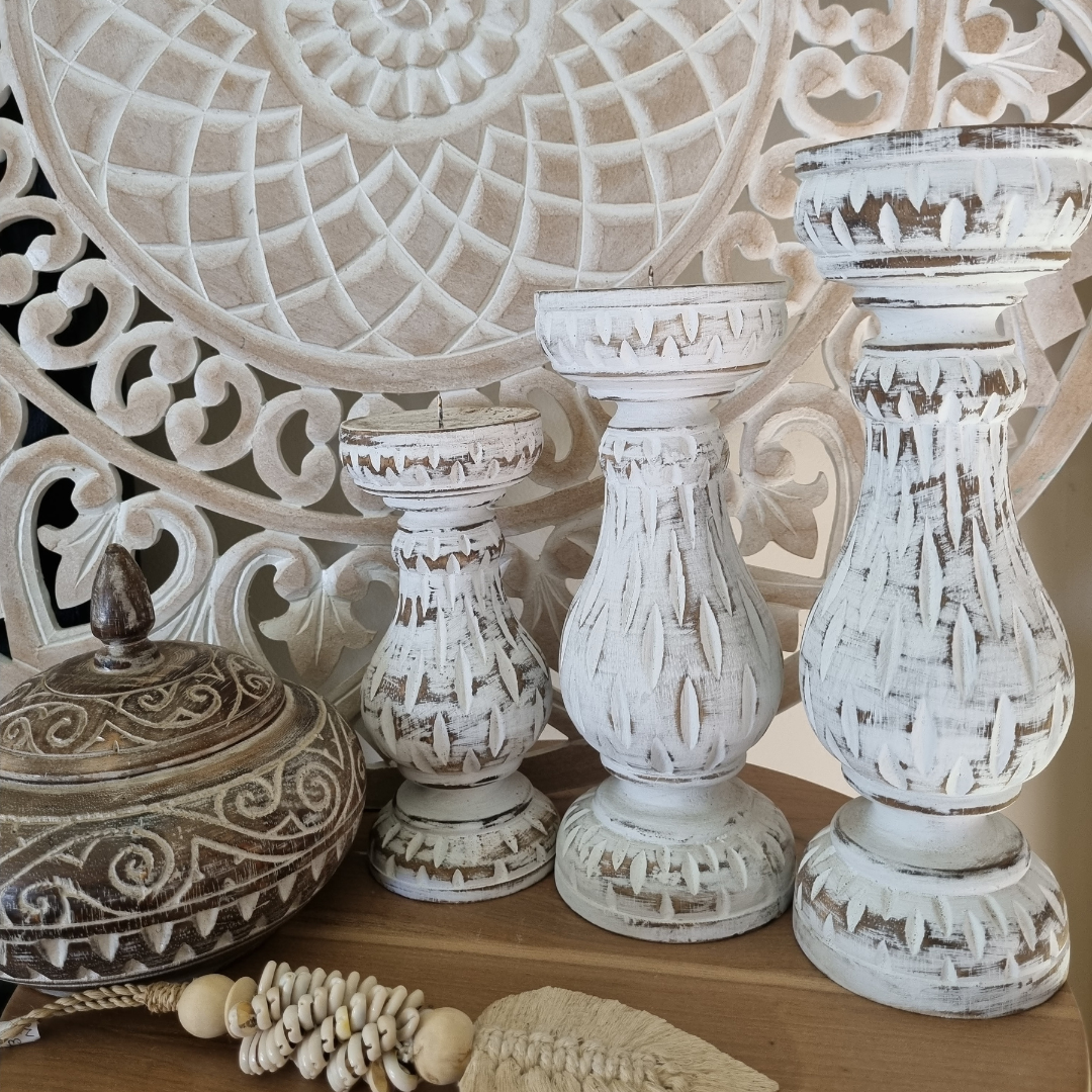 Hampton Style Wooden Candle Holders set of three styled in a coastal home interior
