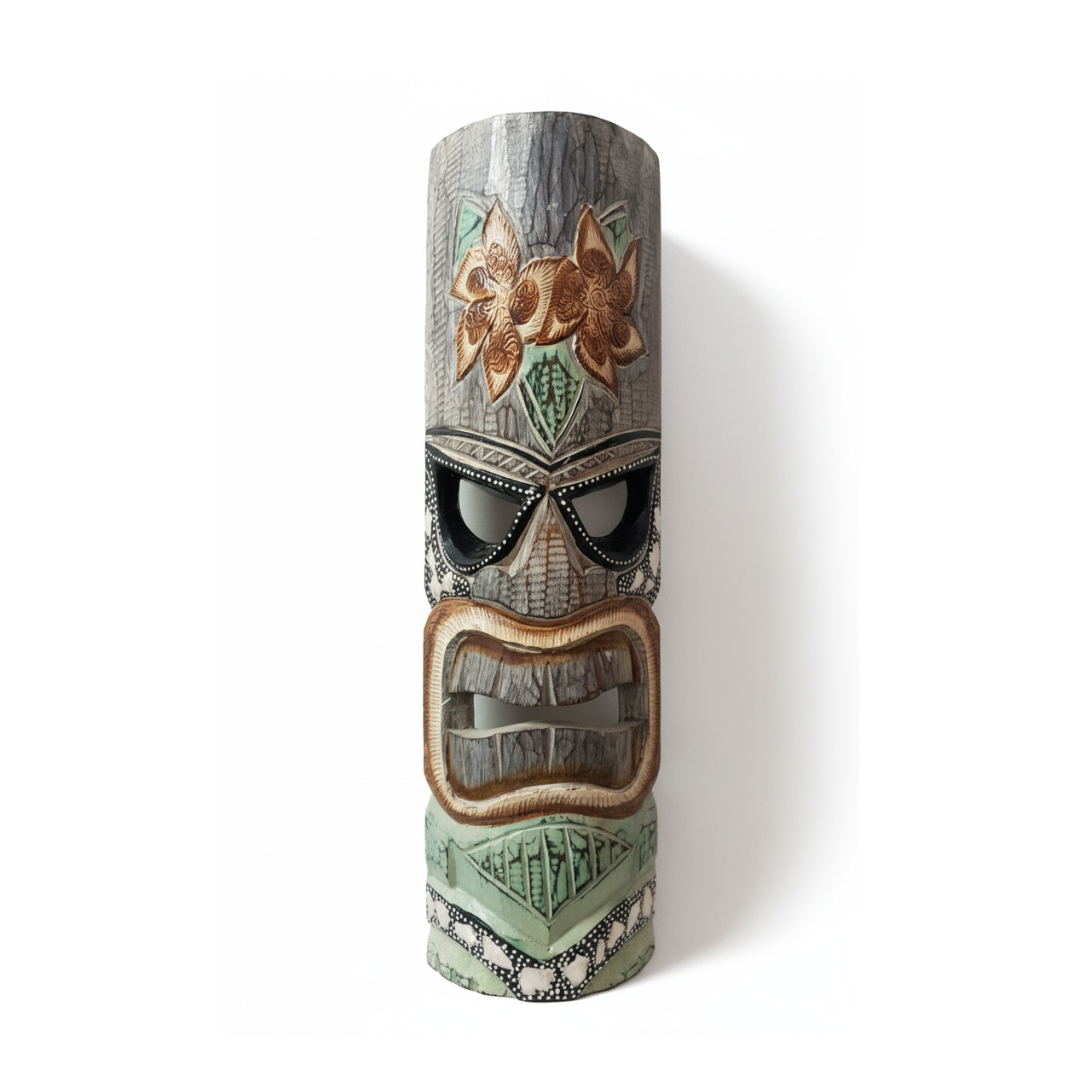 Decorative totem pole with intricate designs on a white background