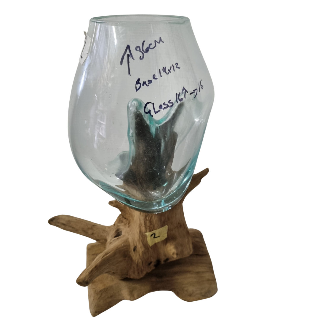 Blown glass on natural wood 