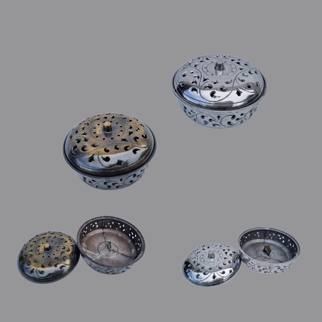 a display of our metal bronze or silver incense burner with decorative top on a gray background