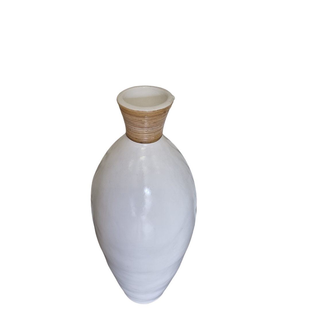 White vase with a brown ribbed neck on a white background