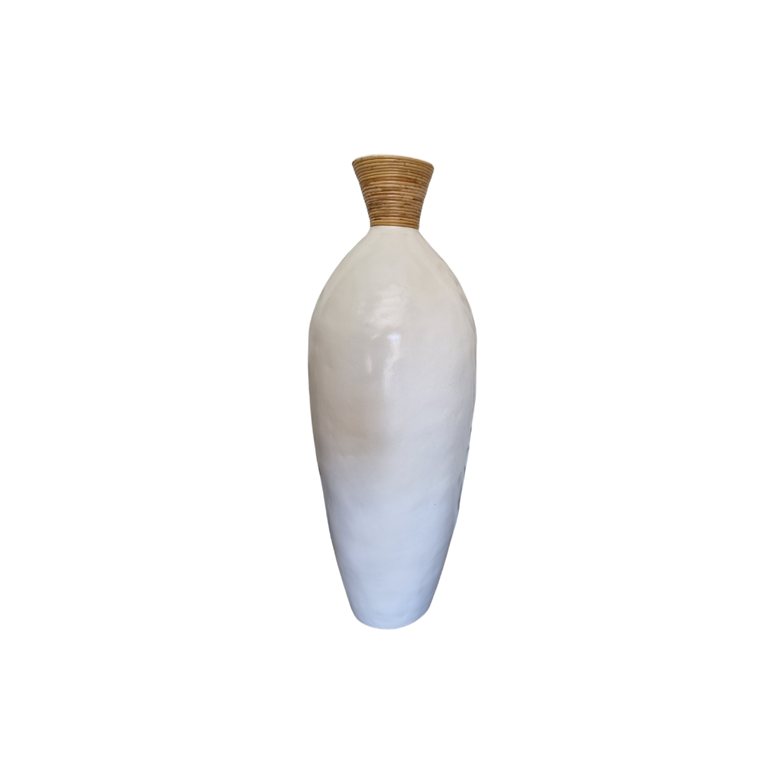White vase with a brown top on a white background