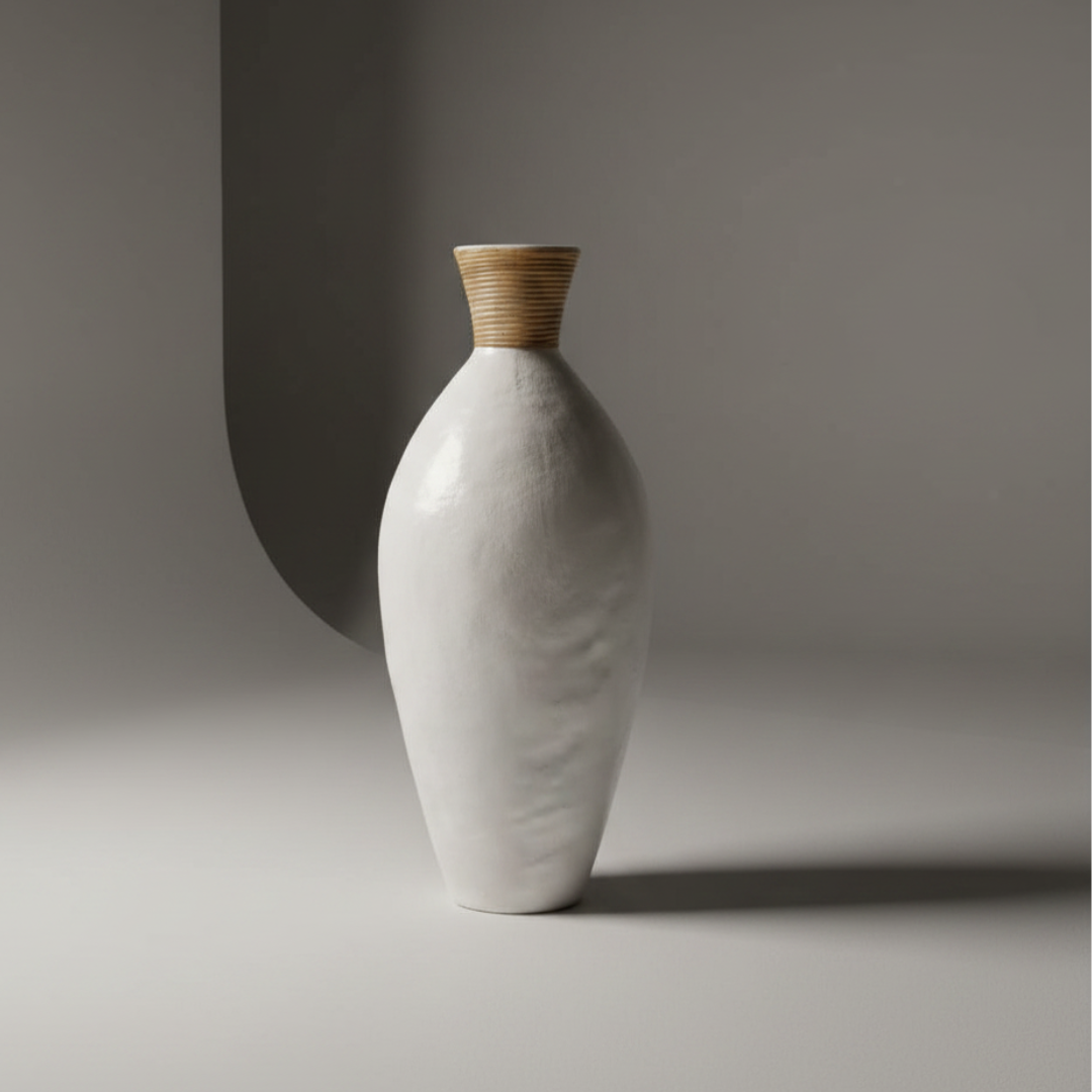 White terricotta vase with a brown top on a gray background