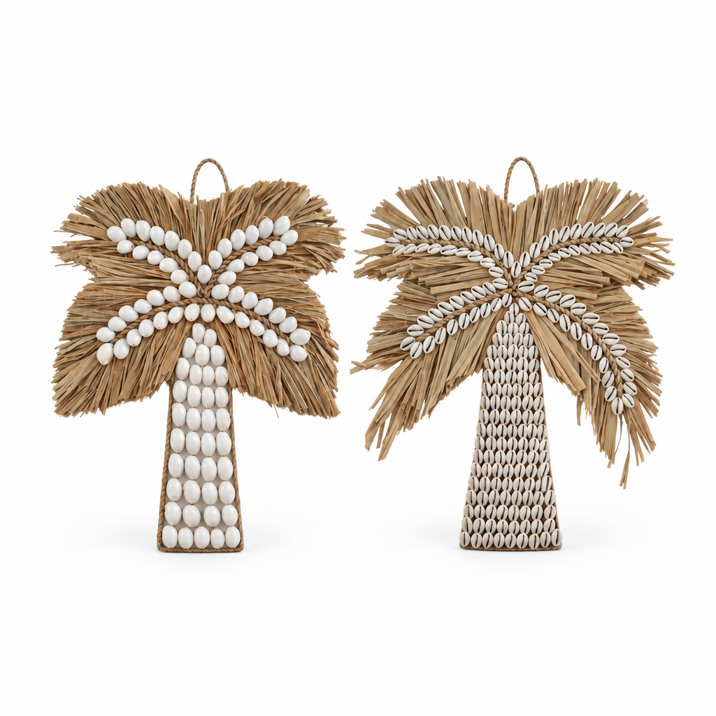 Two palm tree ornaments made from natural raffia or straw with white bead accents, shown on a plain white background.