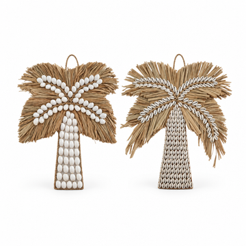 Two palm tree ornaments made from natural raffia or straw with white bead accents, shown on a plain white background.