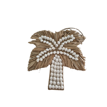 White shell and seagrass palm tree wall art on white background, 21x21cm and 30x30cm
