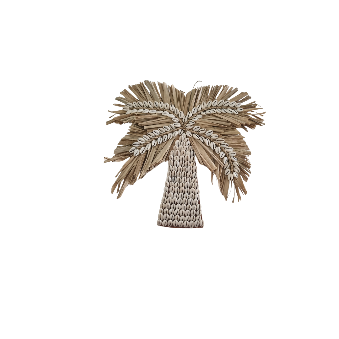Natural cowrie shell and seagrass palm tree wall art on white background, 21x21cm and 30x30cm