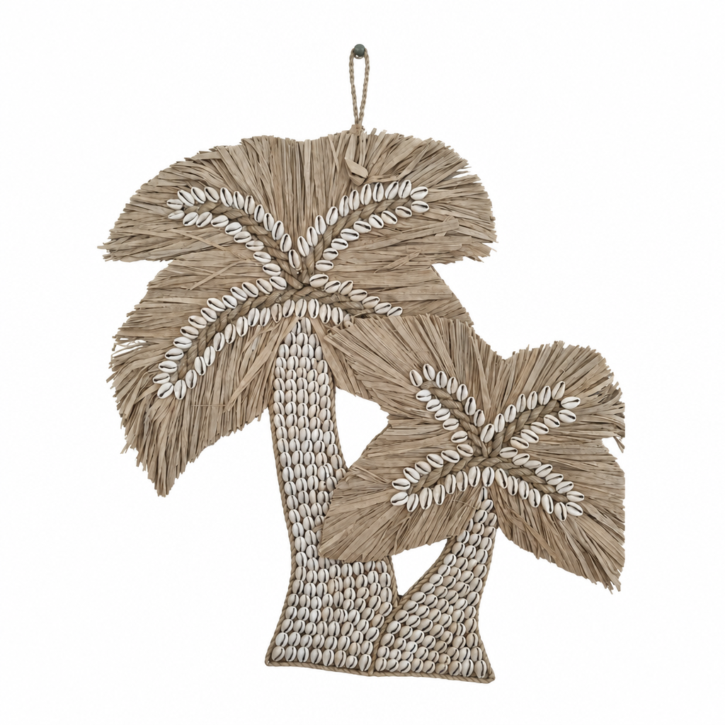 Natural cowrie-shell and cool grey-beige raffia duo on a white studio background, 35 × 34 cm