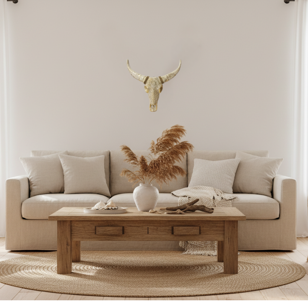 Handcrafted vintage white gold wash bull skull wall art with intricate mandala engraving, styled on a whitewashed wall in a bright coastal living room with rattan furniture, pampas grass and natural linen — Azure Decor Australia