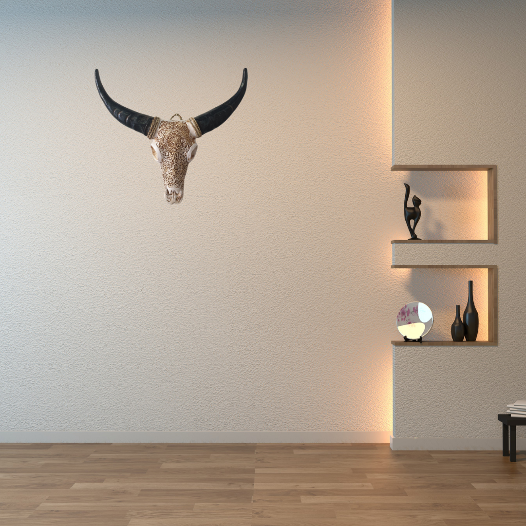 Decorative bull head on a wall with shelves displaying small sculptures and vases. style 6 
