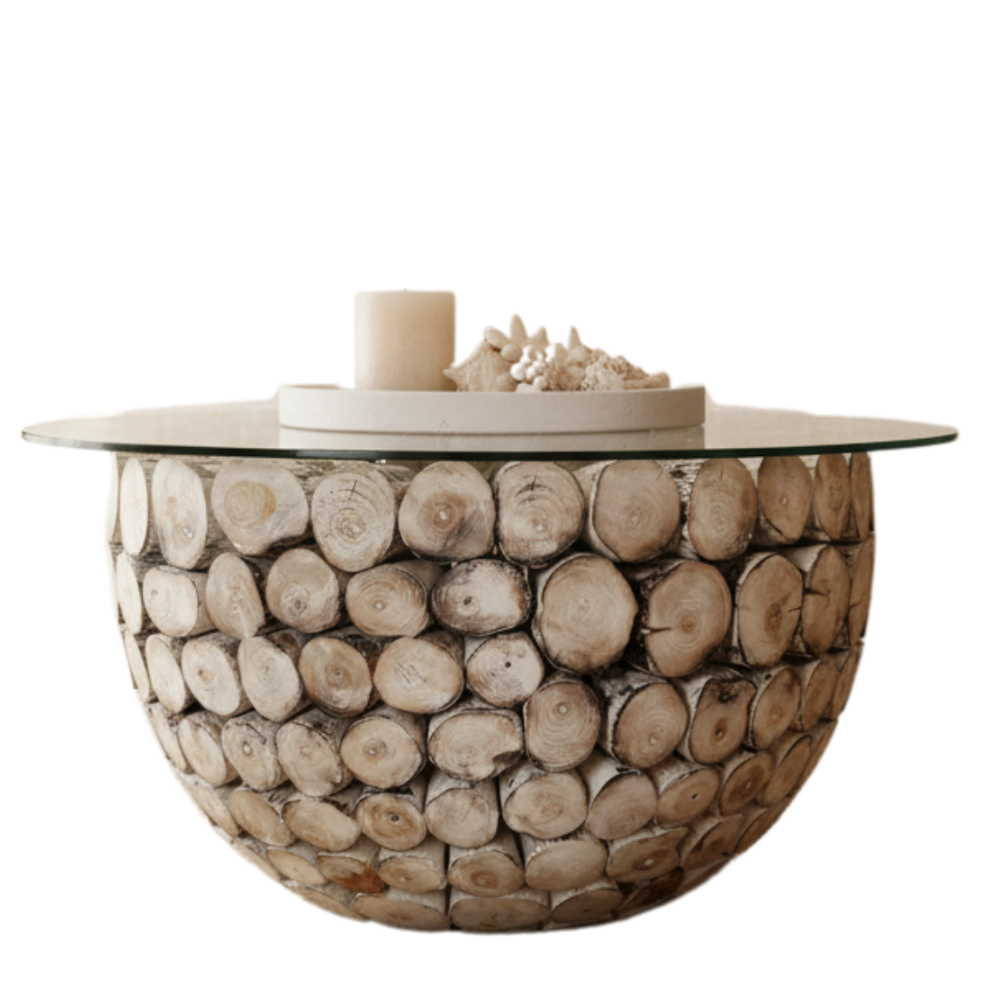 Round whitewashed driftwood log coffee table with clear glass top and coastal styling – white pillar candle and coral piece on tray, stacked teak log dome base, white background product shot, handcrafted furniture by Azure Decor