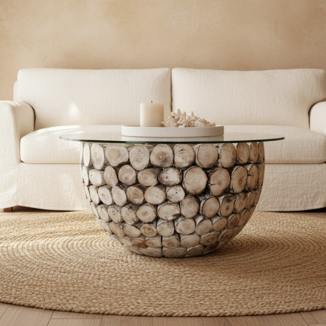 Round whitewashed driftwood log coffee table with clear glass top styled in a warm coastal living room – handcrafted stacked teak log base, linen sofa, jute rug, coastal shell styling, handcrafted furniture by Azure Decor
