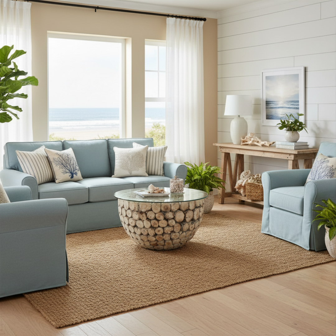Round whitewashed driftwood log coffee table with clear glass top in a bright coastal living room – pale blue linen sofas, jute rug, ocean view window, coastal shell and coral styling, handcrafted teak furniture by Azure Decor